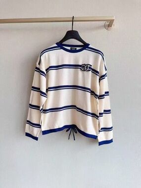 CHANEL 25P Employee Uniform Knit Sweater | Blue Stripe Logo Pullover | XL